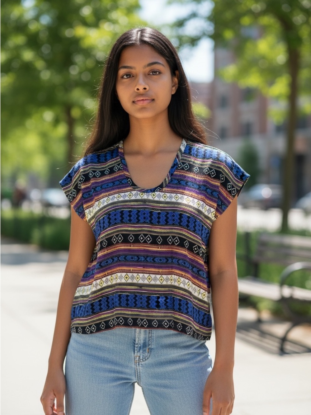 Soprano multi color Aztec-inspired stripe pattern blouse size small women’s